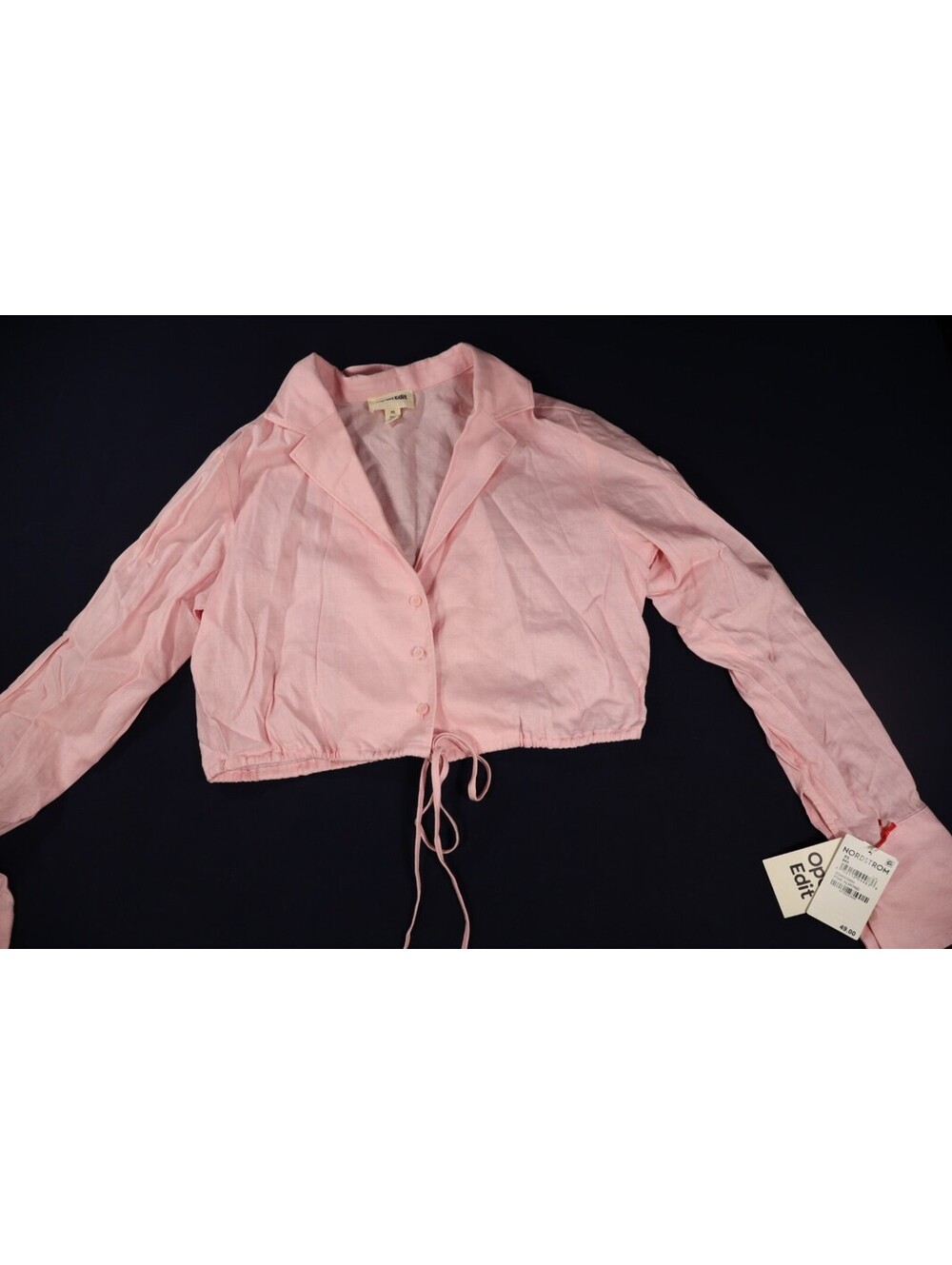 Open Edit Pink Cropped Button-Up Blouse with Drawtie New WT